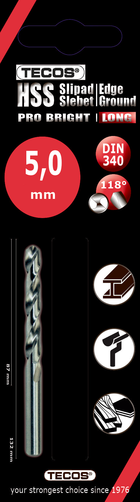 HSS borr Pro Bright, Lång, 5,0 × 132 mm, 2 st.