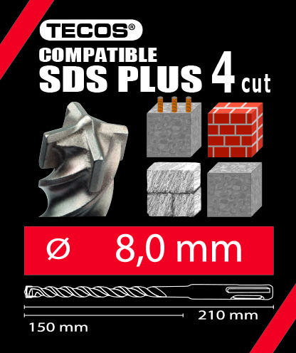 Hammarborr SDS Plus, 8 × 210 mm, 4-Skär